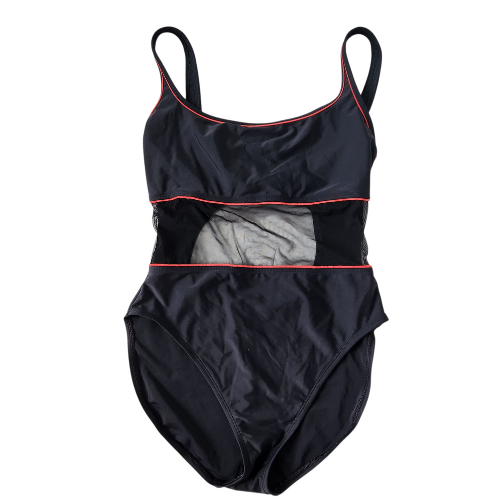 NWOT NEW LaBlanca Women One Piece Swimsuit Size 12 Black, Red Trim, Mesh Stomach